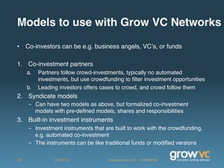 Models to use with Grow VC Networks

• Co-investors can be e.g. business angels, VC’s, or funds

1. Co-investment partners...