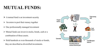 MUTUAL FUNDS:
 A mutual fund is an investment security
 Investors to pool their money together
 One professionally managed investment
 Mutual funds can invest in stocks, bonds, cash or a
combination of those assets.
 Hold hundreds or even thousands of stocks or bonds,
they are described as diversified investments.
 