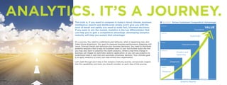 ANALYTICS. IT’S A JOURNEY.
The truth is, if you want to compete in today’s fierce climate, business
intelligence reports and dashboards simply won’t give you with the
level of detail and agility you need to make fast, informed decisions.
If you want to win the market, analytics is the key differentiator that
can help you to gain a competitive advantage. Developing analytics
maturity will help you sustain that advantage!
It’s a journey. You need to understand past behavior, what is happening now, and
make future projections. You want to measure business performance, diagnose root
cause, forecast trends and optimize your business decisions. You need to distribute
powerful analytics that is easy for business users to use. And further down the line
you may also want to advance into event analytics, where a real-time change in
business can trigger an automatic analytic application, or you can use analytics to
understand data in real time and automate a business decision. Your ultimate goal
is to apply analytics to every use case across your organization.
Let’s walk through each step in the analytics maturity journey, and provide insights
into the capabilities and tools you should consider on each step of the journey.
 