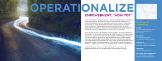 OPERATIONALIZE
To win the market, all business users must be enabled to take immediate,
data-driven action. Analytics isn’t just for analysts and statistician—it
needs to be baked into your everyday business processes. The question
at this step is, “How can analytics become a natural part of business
users’ workflow?” Operationalizing empowers day-to-day decision-
makers with competitive analytics that will help them to make informed
decisions, but won’t require them to have a Ph.D. in statistics.
Even though we’re not all formally trained analysts, we fully understand
the context of the business decisions we need to make on a regular basis.
Some of us want or need help with the analytic methodology so that we
can quickly get the answers we seek without having to create models
ourselves. With guided analytic applications and dashboards, analysts
can create interactive analyses with up-to-date, sanctioned analytics and
statistical models. This puts expertise in the hands of front-line decision
makers, analytics as a natural part of the business workflow positioning.
Once all of us are empowered with analytics, the next step is to
determine where we can use automation for real-time decisions.
EMPOWERMENT: “HOW TO?”
Best Practice
Capabilities
Guided
Built-in capabilities to create
business workflow into
the analysis
No Doubts
The latest sanctioned
competitive analytic models
Self-Service
Available anytime, anywhere;
users are always empowered
Interactive
Intuitive data discovery
Zero-Step App Development
No extra steps to create or
publish a guided application
 