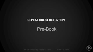 millenniumspasalon.com | meevo.com
EDUCATE THE FRONT DESK
New
Guests
per Month
New
Guest
Retention
Repeat
Guest
Retention
Frequency
of Visit
Average
Ticket
Productivity
6 Growth Indicators
 
