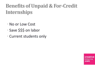 Benefits of Unpaid & For-Credit
Internships

• No or Low Cost
• Save $$$ on labor
• Current students only
 