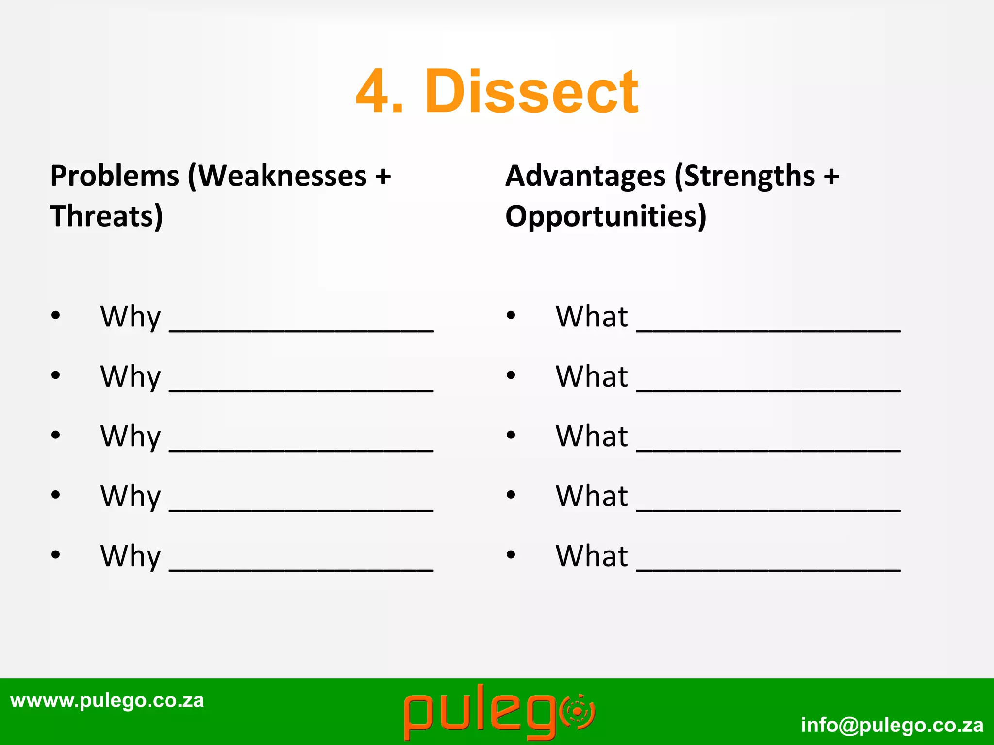 wwww.pulego.co.za
info@pulego.co.za
4. Dissect
Problems (Weaknesses +
Threats)
• Why ________________
• Why ________________
• Why ________________
• Why ________________
• Why ________________
Advantages (Strengths +
Opportunities)
• What ________________
• What ________________
• What ________________
• What ________________
• What ________________
 