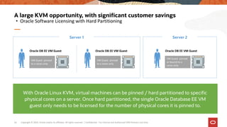 • Oracle Software Licensing with Hard Partitioning
A large KVM opportunity, with significant customer savings
Copyright © 2019, Oracle and/or its affiliates. All rights reserved. | Confidential - For Internal and Authorized OPN Partners Use Only
16
With Oracle Linux KVM, virtual machines can be pinned / hard partitioned to specific
physical cores on a server. Once hard partitioned, the single Oracle Database EE VM
guest only needs to be licensed for the number of physical cores it is pinned to.
Server 1 Server 2
VM Guest pinned
to x cores only
Oracle DB EE VM Guest
VM Guest pinned
to x cores only
Oracle DB EE VM Guest
VM Guest pinned
or bound to x
cores only
Oracle DB EE VM Guest
 
