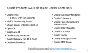 • Oracle Business Intelligence
• Oracle Coherence
• Oracle Fusion Middleware
Infrastructure
• Oracle Data Integrator
• Oracle SOA Suite
• Oracle Tuxedo
• Oracle WebLogic Server
• Oracle HTTP Server
• Oracle Linux
• 6 and 7 with slim variants
• MySQL Community Server
• MySQL Server Enterprise Edition
• OpenJDK
• Oracle Java SE
• Oracle NoSQL Database
• Oracle Database (SE, EE & RAC)
• Oracle GoldenGate
19
Oracle Products Available Inside Docker Containers
Download Docker container images from https://container-registry.oracle.com
Or download Dockerfiles and samples from https://github.com/oracle/docker-images
 