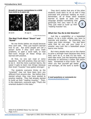 Introductory Unit
www.mindsetworks.com Copyright © 2002-2014 Mindset Works, Inc. All rights reserved.
Brainology®
CurriculumGuideforTeachers
Growth of neuron connections in a child
from birth to 6 years old
At birth At age 6
© 2010 Mindset Works
The Real Truth About “Smart” and
“Dumb”
No one thinks babies are stupid because
they can’t talk. They just haven’t learned
how to yet. But some people will call a
person dumb if they can’t solve math
problems, or spell a word right, or read
fast—even though all these things are
learned with practice.
At first, no one can read or solve
equations. But with practice, they can learn
to do it. And the more a person learns, the
easier it gets to learn new things—because
their brain “muscles” have gotten stronger!
The students everyone thinks as the
“smartest” may not have been born any
different from anyone else. But before they
started school, they may have started to
practice reading. They had already started
to build up their “reading muscles.” Then,
in the classroom, everyone said, “That’s the
smartest student in the class.”
HEALTH & SCIENCE News You Can Use
Page 3 of 3
They don’t realize that any of the other
students could learn to do as well if they
exercised and practiced reading as much.
Remember, all of those other students
learned to speak at least one whole
language already—something that
grownups find very hard to do.
They just need to build up their
“reading muscles” too.
What Can You Do to Get Smarter?
Just like a weightlifter or a basketball
player, to be a brain athlete, you have to
exercise and practice. By practicing, you
make your brain stronger. You also learn
skills that let you use your brain in a
smarter way—just like a basketball player
learns new moves.
But many people miss out on the chance
to grow a stronger brain because they think
they can’t do it, or that it’s too hard. It
does take work, just like becoming stronger
physically or becoming a better ball player
does. Sometimes it even hurts! But
when you feel yourself get better
and stronger, all the work is worth
it!
E-mail questions or comments to:
Growyourbrain@aol.com
 