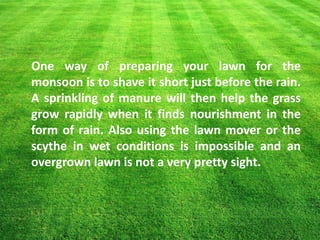 One way of preparing your lawn for the
monsoon is to shave it short just before the rain.
A sprinkling of manure will then help the grass
grow rapidly when it finds nourishment in the
form of rain. Also using the lawn mover or the
scythe in wet conditions is impossible and an
overgrown lawn is not a very pretty sight.
 