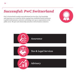 Assurance 
Tax & Legal Services 
Advisory 
14 
Successful: PwC Switzerland 
PwC is Switzerland’s number one professional services firm. Our knowledge 
and experience are trusted by clients ranging from established family businesses 
to global multinationals, innovative technology start-ups to organisations in the 
public sector. We give such clients help and advice with all matters related to: 
 