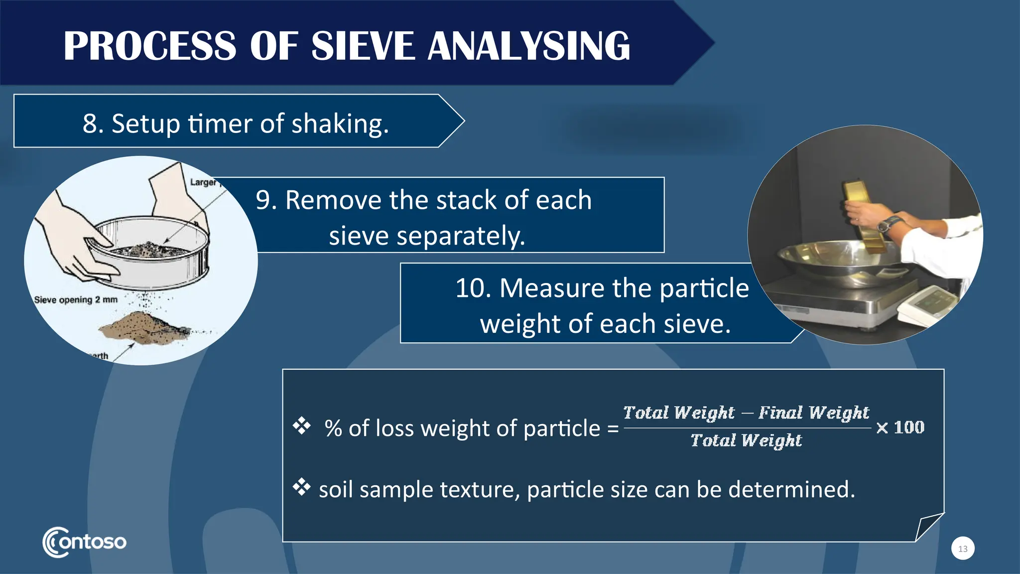 9. Remove the stack of each
sieve separately.
10. Measure the particle
weight of each sieve.
13
PROCESS OF SIEVE ANALYSING
8. Setup timer of shaking.
 % of loss weight of particle =
 soil sample texture, particle size can be determined.
 
