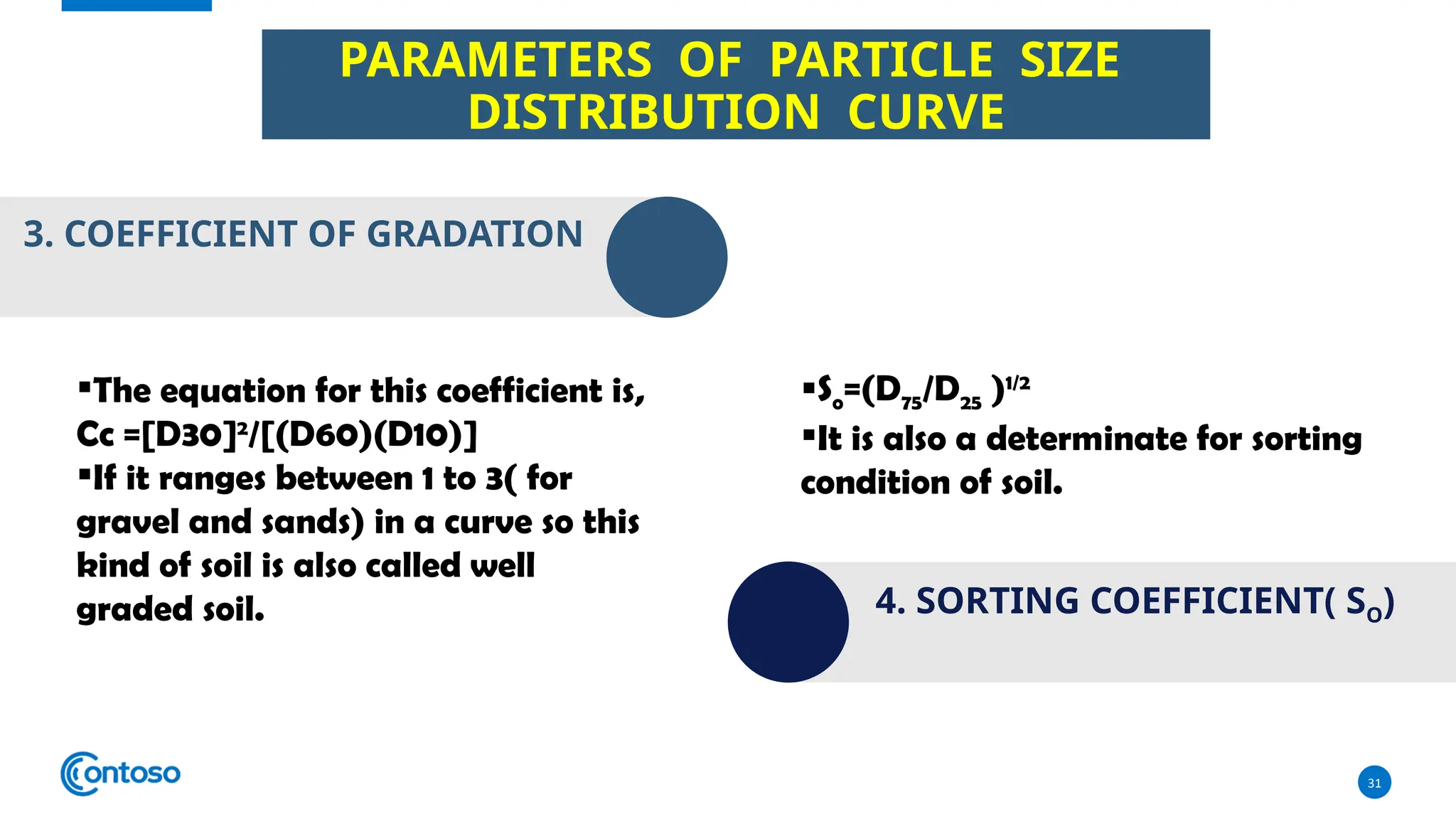31
3. COEFFICIENT OF GRADATION
4. SORTING COEFFICIENT( SO)
The equation for this coefficient is,
Cc =[D30]2
/[(D60)(D10)]
If it ranges between 1 to 3( for
gravel and sands) in a curve so this
kind of soil is also called well
graded soil.
So=(D75/D25 )1/2
It is also a determinate for sorting
condition of soil.
PARAMETERS OF PARTICLE SIZE
DISTRIBUTION CURVE
 