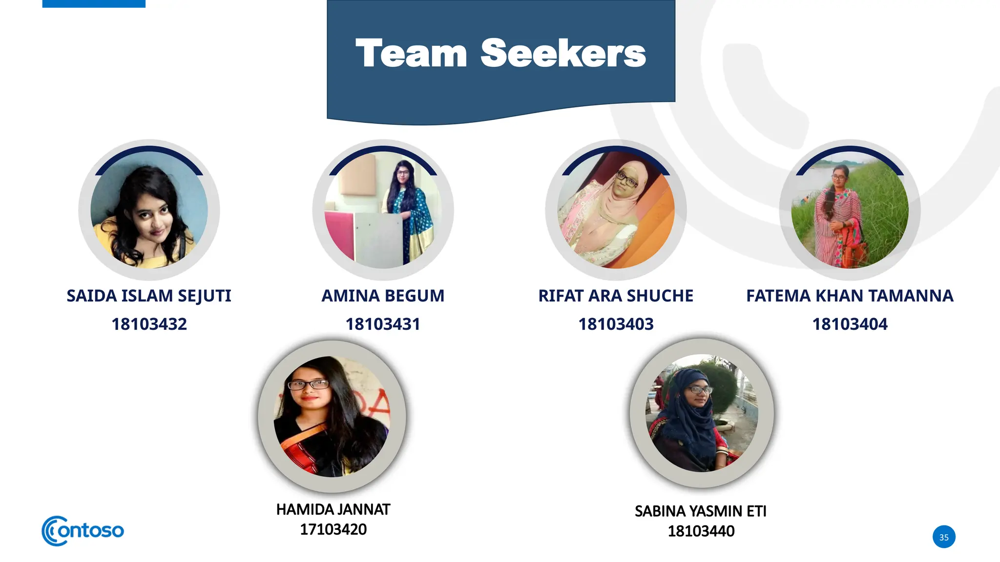 35
SAIDA ISLAM SEJUTI
18103432
AMINA BEGUM
18103431
RIFAT ARA SHUCHE
18103403
FATEMA KHAN TAMANNA
18103404
HAMIDA JANNAT
17103420
SABINA YASMIN ETI
18103440
Team Seekers
 