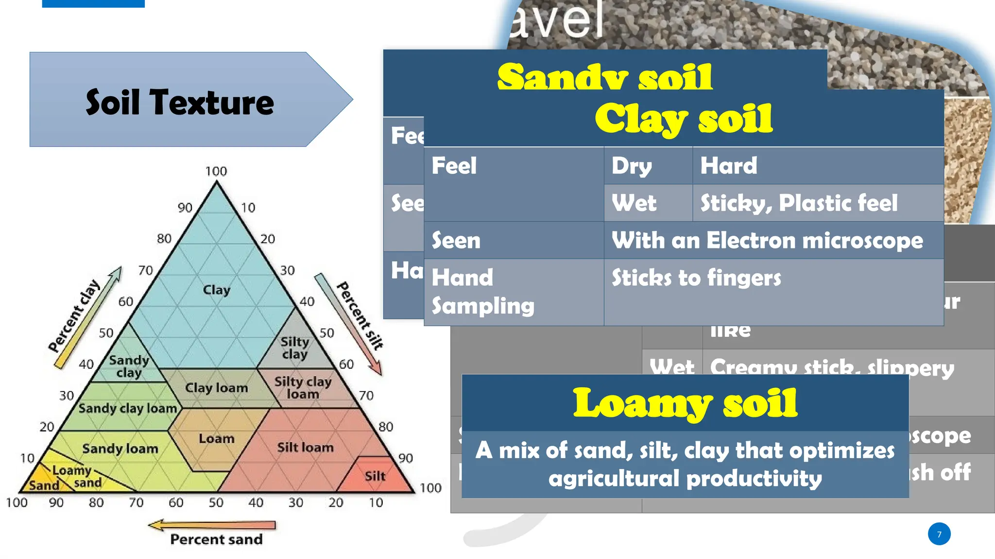 7
Soil Texture
refers to the composition of
the soil in terms of the amounts
of small (clays), medium (silts),
and large (sands) size particles.
According to USDA, there are 12
textural classes of soil; but the
most common are—
I. Sandy soil,
II. Silty soil,
III.Clay soil &
IV. Loamy soil.
Sandy soil
Feel Gritty
Seen Can be seen with
naked eye
Hand Sampling No residue rest on
hand
Silty soil
Feel Dry Powdery smooth, flour
like
Wet Creamy stick, slippery
feel
Seen With hand lens or microscope
Hand Sampling Coats hand, able to Brush off
Clay soil
Feel Dry Hard
Wet Sticky, Plastic feel
Seen With an Electron microscope
Hand
Sampling
Sticks to fingers
Loamy soil
A mix of sand, silt, clay that optimizes
agricultural productivity
 