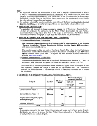 4

Note:
(i) An applicant selected for appointment to the post of Deputy Superintendent of Police
     (Category –I) must satisfy the Medical Board in Tamil Nadu as to his/her physique, fitness and
     capacity for active outdoor work and must be certified by the Superintendent of Government
     Ophthalmic Hospital, Chennai that his/her vision comes upto the requirements prescribed in
     the rules without the use of contact glasses.
(ii) An applicant selected for appointment to the post of Deputy Collector must satisfy the Medical
     Board in Tamil Nadu as to his/her physique, fitness and capacity for active outdoor work.
6. PROCEDURE OF SELECTION:-
   The selection will be made in three successive stages, viz. (i)` Preliminary Examination for
   selection of candidates for admission to the Main Written Examination (ii) Main Written
   Examination followed by (iii) an Oral Test in the shape of an Interview. For further details
   candidates should refer paragraph 22 (a) & (b) of the ‘Instructions, etc., to candidates’.
7. SCHEME & CENTRES FOR THE PRELIMINARY EXAMINATION:-
    (a) Scheme of Preliminary Examination :
       The Preliminary Examination will be in Single Paper of objective type in the Subject
       “General Knowledge” (Degree Standard)of 3 Hours duration having 200 questions,
       with a maximum of 300 marks.
       The question paper will be set both in Tamil and English. The syllabi for the Preliminary
       Examination and the Main Written Examination have been published at page 490 in the
       TNPSC Bulletin, dated 01.08.2004. The syllabi are also available at the Commission’s
       Website: www.tnpsc.gov.in
    (b)Centres for Preliminary Examination:
       The Preliminary Examination will be held at the Centres mentioned under classes A, B, C, and D in
       Annexure –I of the ‘Information Brochure to candidates’ and at Karaikudi (Centre Code: 138).
     Candidates should choose any one of the above centres and appear for the examination at their
     own expenses. Request for change of centre will not be complied with. The Commission
     reserves the right to increase or decrease the number of Examination Centres and to re-allot
     the candidates.

8. SCHEME OF THE MAIN WRITTEN EXAMINATION AND ORAL TEST:-
                                                                         Minimum Qualifying
                                                                         Marks for selection
                                                        Maximum         SCs, STs,
                 Subject                  Duration
                                                         Marks         MBCs/DCs,
                                                                       BC(OBCM)s        Others
                                                                        and BCMs
                   (1)                       (2)            (3)            (4)            (5)
    General Studies Paper –I              3 Hours              300

    General Studies Paper –II             3 Hours              300
                                                                           204           272
    [Degree Standard (Both papers)-
     Descriptive type]

    Interview & Record                        --                80
                           Total              --               680
  Note:
   The question papers for the Main Written Examination will be set both in Tamil and in English.
   Candidates are allowed to answer the Main Written Examination either in Tamil or in English
   or partly in Tamil and partly in English.
 