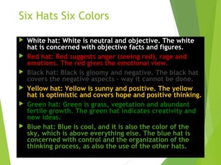 Six Hats Six Colors
 White hat: White is neutral and objective. The white
hat is concerned with objective facts and figures.
 Red hat: Red suggests anger (seeing red), rage and
emotions. The red gives the emotional view.
 Black hat: Black is gloomy and negative. The black hatBlack hat: Black is gloomy and negative. The black hat
covers the negative aspects – way it cannot be done.covers the negative aspects – way it cannot be done.
 Yellow hat: Yellow is sunny and positive. The yellow
hat is optimistic and covers hope and positive thinking.
 Green hat: Green is grass, vegetation and abundant
fertile growth. The green hat indicates creativity and
new ideas.
 Blue hat: Blue is cool, and it is also the color of the
sky, which is above everything else. The blue hat is
concerned with control and the organization of the
thinking process, as also the use of the other hats.
 