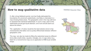 14
How to map qualitative data
If, after a long fieldwork period, one has finally delineated the
boundaries of a province's watersheds, one likely is interested in a
map showing these areas. The geographic units in the map will have
to represent the individual watersheds. In such a map, each of the
watersheds should get equal attention, and none should stand out
above the others.
The application of colour would be the best solution since is has
characteristics that allow one to quickly differentiate between different
geographic units.
The map can also be made by filling the watershed areas by different
forms (like small circles, squares, triangles, etc.) in one colour (e.g.
black for a monochrome map) as an application of the visual variable
shape.
TYIT05 Gaurav Das
 