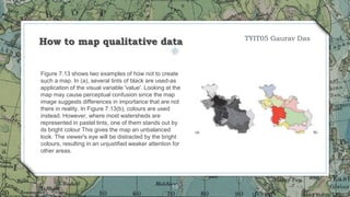 15
Figure 7.13 shows two examples of how not to create
such a map. In (a), several tints of black are used-as
application of the visual variable 'value'. Looking at the
map may cause perceptual confusion since the map
image suggests differences in importance that are not
there in reality. In Figure 7.13(b), colours are used
instead. However, where most watersheds are
represented in pastel tints, one of them stands out by
its bright colour This gives the map an unbalanced
look. The viewer's eye will be distracted by the bright
colours, resulting in an unjustified weaker attention for
other areas.
How to map qualitative data TYIT05 Gaurav Das
 