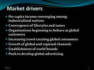 Market drivers
 Per capita income converging among









industrialised nations
Convergence of lifestyles and ta...