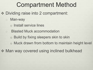 Compartment Method
 Dividing raise into 2 compartment:
o Man-way
o Install service lines
o Blasted Muck accommodation
o Build by fixing sleepers skin to skin
o Muck drawn from bottom to maintain height level
 Man way covered using inclined bulkhead
 