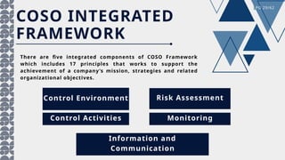 COSO INTEGRATED
FRAMEWORK
PG 29/62
There are five integrated components of COSO Framework
which includes 17 principles that works to support the
achievement of a company’s mission, strategies and related
organizational objectives.
Control Environment
Control Activities
Risk Assessment
Information and
Communication
Monitoring
 