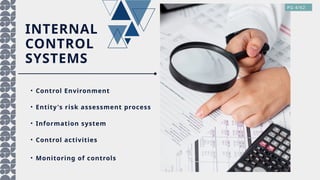 INTERNAL
CONTROL
SYSTEMS
• Control Environment
• Entity's risk assessment process
• Information system
PG 4/62
• Control activities
• Monitoring of controls
 