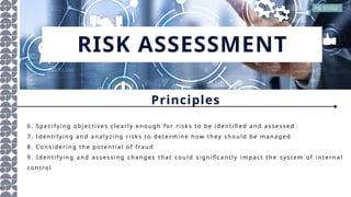 RISK ASSESSMENT
PG 31/62
Principles
6 . Speci fyi n g o bj ecti v es cle a rl y en o u gh f o r ri sk s to be i den ti fied a n d a ssessed
7 . Id en t if yi n g a n d a n a l yzi n g r isk s to dete rm i n e h ow th ey sh o u l d be m a n a ged
8 . Co n sid eri n g th e p o ten t ia l of fra u d
9 . I den ti f yin g a n d a sses si n g ch a n ges t h a t cou l d sign i fica n tl y i m p a ct th e syste m o f in t ern a l
co n tro l
 