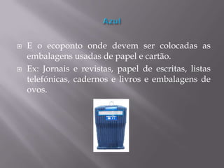 AzulE o ecoponto onde devem ser colocadas as embalagens usadas de papel e cartão.Ex: Jornais e revistas, papel de escritas, listas telefónicas, cadernos e livros e embalagens de ovos.
