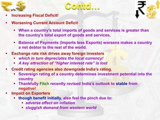 Contd…


Increasing Fiscal Deficit!



Worsening Current Account Deficit
 When a country's total imports of goods and services is greater than
the country's total export of goods and services.

 Balance of Payments (Imports less Exports) worsens makes a country
a net debtor to the rest of the world.


Exchange rate risk drives away foreign investors
 which in turn depreciates the local currency!
 A key attraction of “higher interest rate” is lost



Credit rating agencies also downgrade India’s rating.
 Sovereign rating of a country determines investment potential into the
country
 Thankfully Fitch recently revised India’s outlook to stable from
negative!
Impact on Exporters
 though benefit initially, also feel the pinch due to:
 adverse effect on inflation
 sluggish demand from western world



 