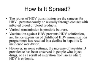 How Is It Spread?
• The routes of HDV transmission are the same as for
HBV: percutaneously or sexually through contact with
infected blood or blood products.
• Vertical transmission is possible but rare.
• Vaccination against HBV prevents HDV coinfection,
and hence expansion of childhood HBV immunization
programmes has resulted in a decline in hepatitis D
incidence worldwide.
• However, in some settings, the increase of hepatitis D
prevalence has been observed in people who inject
drugs, or as a result of migration from areas where
HDV is endemic.
 
