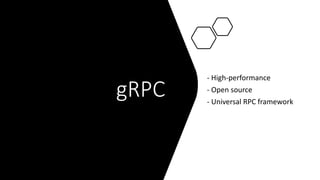 gRPC
- High-performance
- Open source
- Universal RPC framework
 