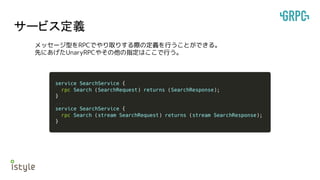 サービス定義
メッセージ型をRPCでやり取りする際の定義を行うことができる。
先にあげたUnaryRPCやその他の指定はここで行う。
 