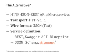The Alternative?
— HTTP-JSON-REST APIs/Microservices
— Transport: HTTP/1.1
— Wire format: JSON (Text)
— Service definition:
— REST, Swagger, API Blueprint
— JSON Schema, strummer1
1
Developed for JSON validation and used within node.js services at Tabcorp.
 