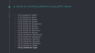 'g' stands for something different every gRPC release
◦ 1.0 'g' stands for 'gRPC'
◦ 1.1 'g' stands for 'good'
◦ 1.2 'g' stands for 'green'
◦ 1.3 'g' stands for 'gentle'
◦ 1.4 'g' stands for 'gregarious'
◦ 1.6 'g' stands for 'garcia'
◦ 1.7 'g' stands for 'gambit'
◦ 1.8 'g' stands for 'generous'
◦ 1.9 'g' stands for 'glossy'
◦ 1.10 'g' stands for 'glamorous'
◦ 1.11 'g' stands for 'gorgeous'
◦ 1.12 'g' stands for 'glorious'
◦ 1.13 'g' stands for 'gloriosa'
◦ 1.14 'g' stands for 'gladiolus'
◦ 1.15 'g' stands for 'glider'
◦ 1.16 'g' stands for 'gao'
 