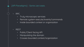 [API Paradigms] - Some use cases
◦ RPC
▫ Truly microscopic services
▫ Remote system execute/events/commands
▫ Inside bounded context or organization
◦ REST
▫ Public/Client facing API
▫ Manipulating the domain
▫ Crosses bounded context/organization
 