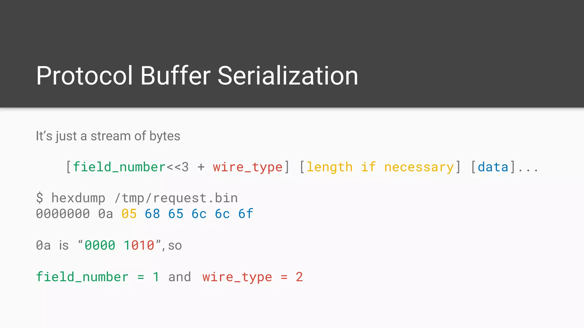Protocol Buffer Serialization
It’s just a stream of bytes
[field_number<<3 + wire_type] [length if necessary] [data]...
$ hexdump /tmp/request.bin
0000000 0a 05 68 65 6c 6c 6f
0a is “0000 1010”, so
field_number = 1 and wire_type = 2
 