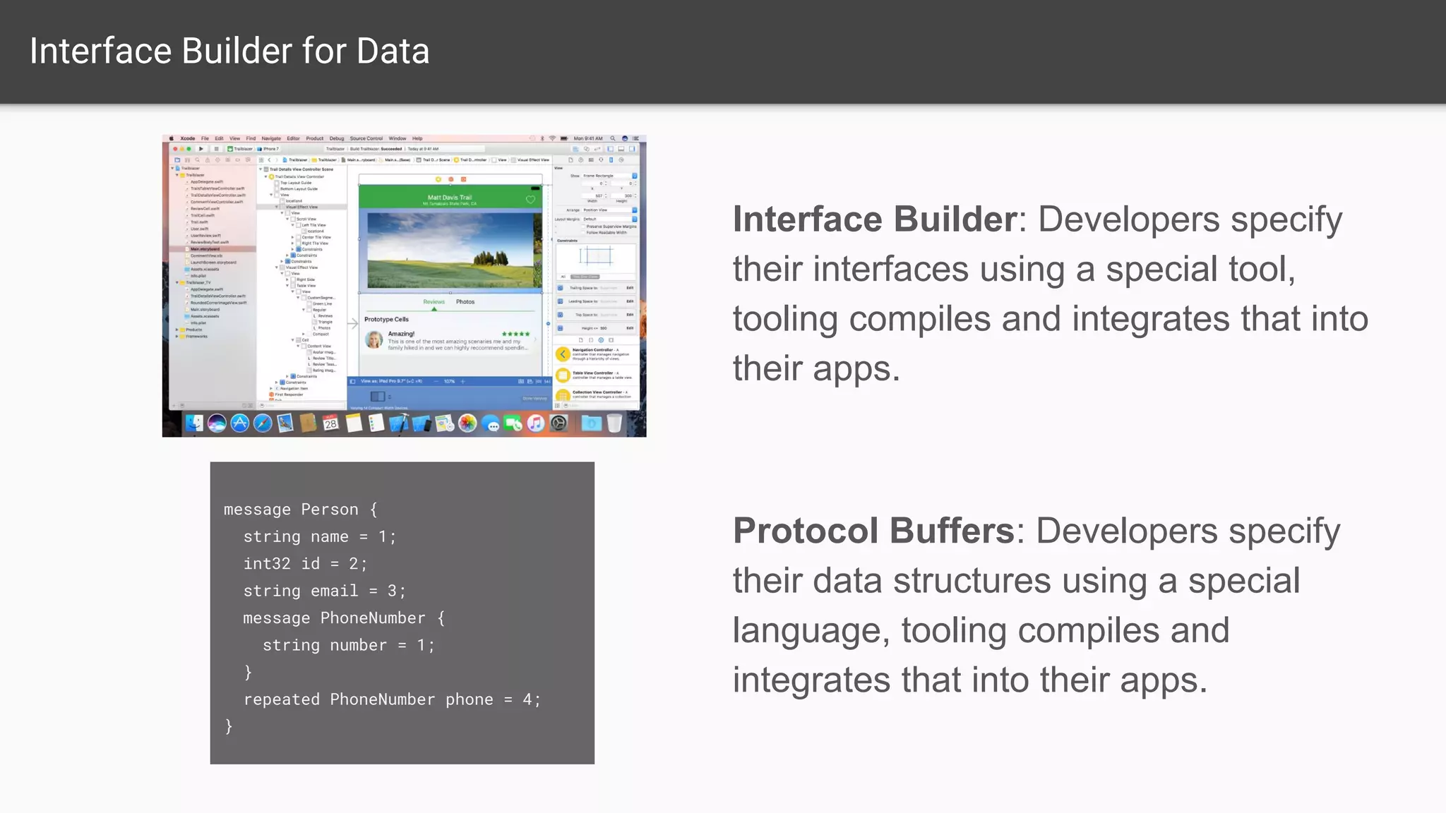 Interface Builder for Data
message Person {
string name = 1;
int32 id = 2;
string email = 3;
message PhoneNumber {
string number = 1;
}
repeated PhoneNumber phone = 4;
}
Interface Builder: Developers specify
their interfaces using a special tool,
tooling compiles and integrates that into
their apps.
Protocol Buffers: Developers specify
their data structures using a special
language, tooling compiles and
integrates that into their apps.
 