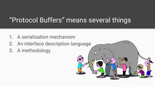 “Protocol Buffers” means several things
1. A serialization mechanism
2. An interface description language
3. A methodology
 