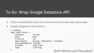 To Do: Wrap Google Datastore API
● Entity-oriented NoSQL data store, heavily used by Google App Engine apps.
● Usually mapped to native structs:
// golang
type Task struct {
Category string
Done bool
Priority int
Description string `datastore:",noindex"`
PercentComplete float64
Created time.Time
Tags []string
}
Swift Mirrors and Decoders?
 