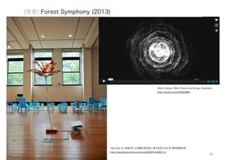 Other Voices, Other Rooms by Shingo Sasahara 
http://vimeo.com/93060880 
15 
[背景] Forest Symphony (2013) 
Tele-Flow by 宮城大学 土岐謙次研究室＋東北芸術工科大学 酒井聡研究室 
http://kenjitoki.tumblr.com/post/92291446621/ii 
 