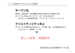 [背景] 近年のクリエイションの状況 
オープン化 
成果を、第三者が一定の範囲で自由に利用できる状態におき 
(オープンに共有し)クリエイティビティ向上をめざす 
多くのユーザが成果を利用 - クリエーターへのフィードバック 
クリエイティビティ向上 
[アイディアや成果を生み出すこと、その質・量、その可能性]を向上 
クリエイター・参加者・ユーザー 
新しい表現・問題解決 
22 
.. [YCAM]における成果のオープン化 
 