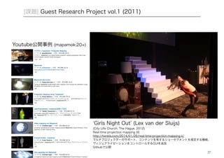 [課題] Guest Research Project vol.1 (2011) 
‘Girls Night Out’ (Lex van der Sluijs) 
(City Life Church, The Hague, 2012) 
Real-time projection mapping (II) 
http://twnkls.com/2014/01/26/real-time-projection-mapping-ii/ 
マルチプロジェクターのサポート、コンテンツを有するショーセグメントを規定する機能、 
ヴィジュアライゼーションをコントロールするGUIを追加 
Githubで公開 
27 
Youtube公開事例 (mapamok:20+) 
 