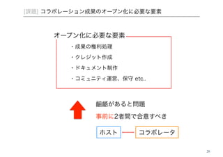 28 
[課題] コラボレーション成果のオープン化に必要な要素 
オープン化に必要な要素 
・成果の権利処理 
・クレジット作成 
・ドキュメント制作 
・コミュニティ運営、保守 etc.. 
齟齬があると問題 
事前に2者間で合意すべき 
ホストコラボレータ 
 