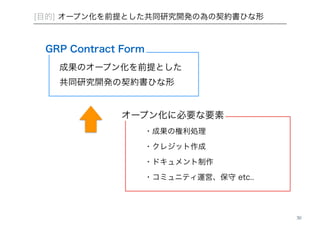 30 
[目的] オープン化を前提とした共同研究開発の為の契約書ひな形 
GRP Contract Form 
成果のオープン化を前提とした 
共同研究開発の契約書ひな形 
オープン化に必要な要素 
・成果の権利処理 
・クレジット作成 
・ドキュメント制作 
・コミュニティ運営、保守 etc.. 
 