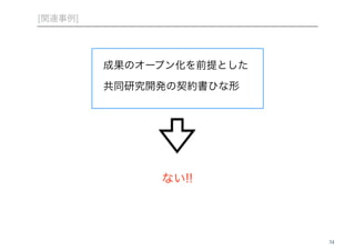 34 
[関連事例] 
成果のオープン化を前提とした 
共同研究開発の契約書ひな形 
ない!! 
 