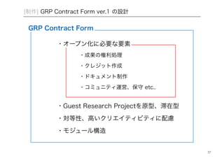 37 
[制作] GRP Contract Form ver.1 の設計 
GRP Contract Form 
・オープン化に必要な要素 
・成果の権利処理 
・クレジット作成 
・ドキュメント制作 
・コミュニティ運営、保守 etc.. 
・Guest Research Projectを原型、滞在型 
・対等性、高いクリエイティビティに配慮 
・モジュール構造 
 