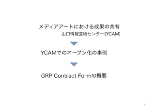 1
メディアアートにおける成果の共有
山口情報芸術センター[YCAM]
GRP Contract Formの概要
YCAMでのオープン化の事例
 
