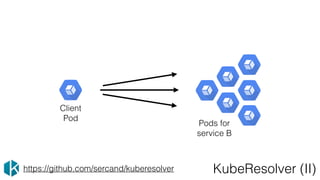 KubeResolver (II)
Client
Pod
Pods for
service B
https://github.com/sercand/kuberesolver
 
