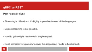 10
gRPC vs REST
Pain Points of REST
- Streaming is difficult and it’s highly impossible in most of the languages.
- Duplex streaming is not possible.
- Hard to get multiple resources in single request.
- Need semantic versioning whenever the api contract needs to be changed.
 