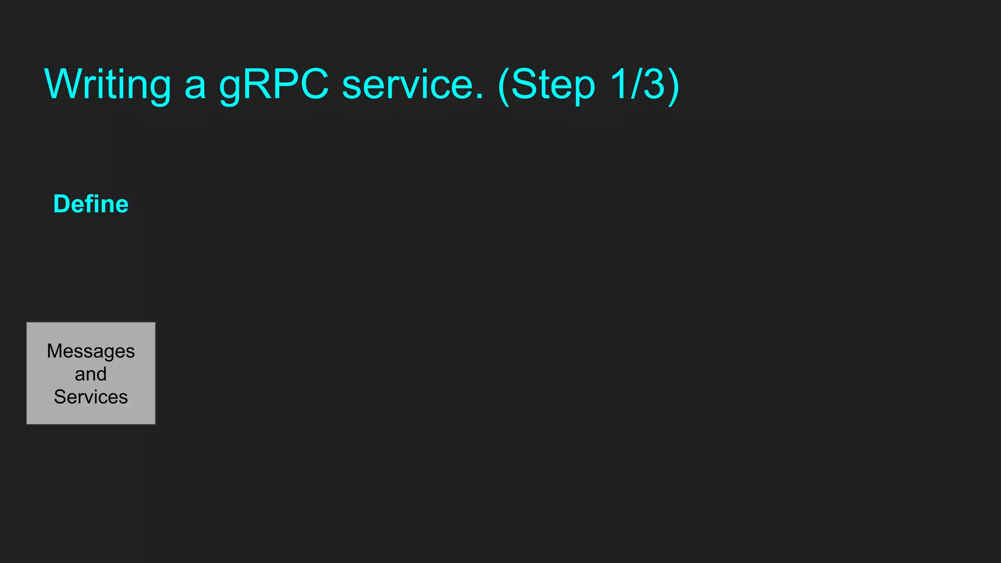 Messages
and
Services
Define
Writing a gRPC service. (Step 1/3)
 