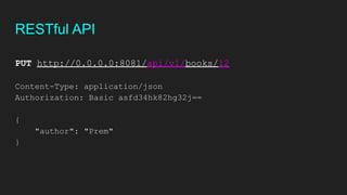 RESTful API
PUT http://0.0.0.0:8081/api/v1/books/12
Content-Type: application/json
Authorization: Basic asfd34hk82hg32j==
{
"author": "Prem"
}
 