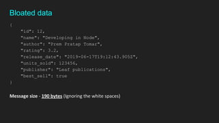 {
"id": 12,
"name": "Developing in Node",
"author": "Prem Pratap Tomar",
"rating": 3.2,
"release_date": "2019-06-17T19:12:43.905Z",
"units_sold": 123456,
"publisher": "Leaf publications",
"best_sell": true
}
Message size - 190 bytes (Ignoring the white spaces)
Bloated data
 